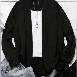 Black knit cardigan sweater open front with pockets boho